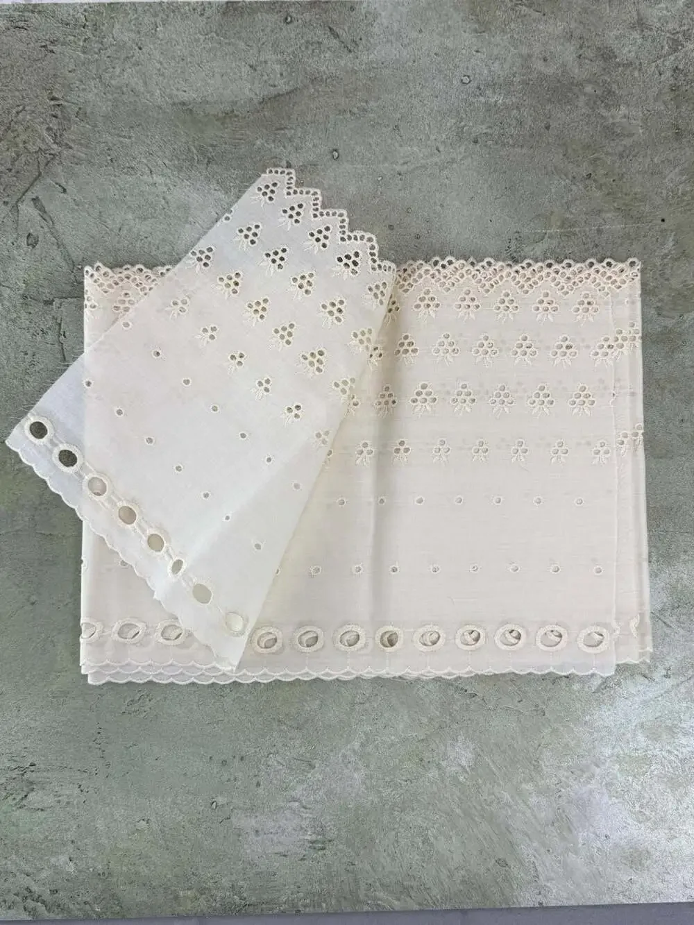Cream Cotton Eyelet Lace Trim Scalloped Border Floral Embroidery - 3.25 yards